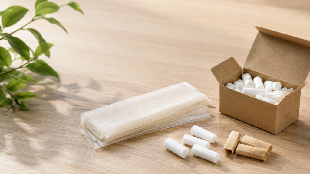 Filtri Rizla Ultra Slim 5,7mm accanto a cartine compatibili su superficie pulita